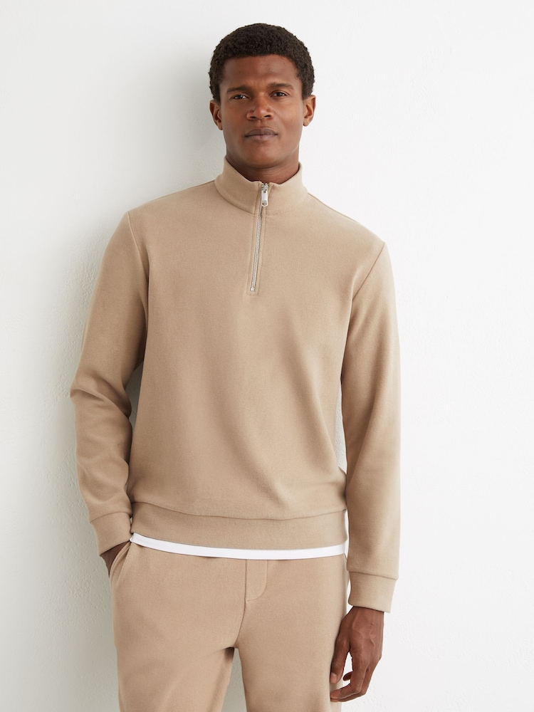 Reiss Camel Brown Bossa Cotton-Blend Ribbed Half-Zip Jumper - Image 1 of 6 Reiss Camel Brown Bossa Cotton-Blend Ribbed Half-Zip Jumper - Image 1 of 6