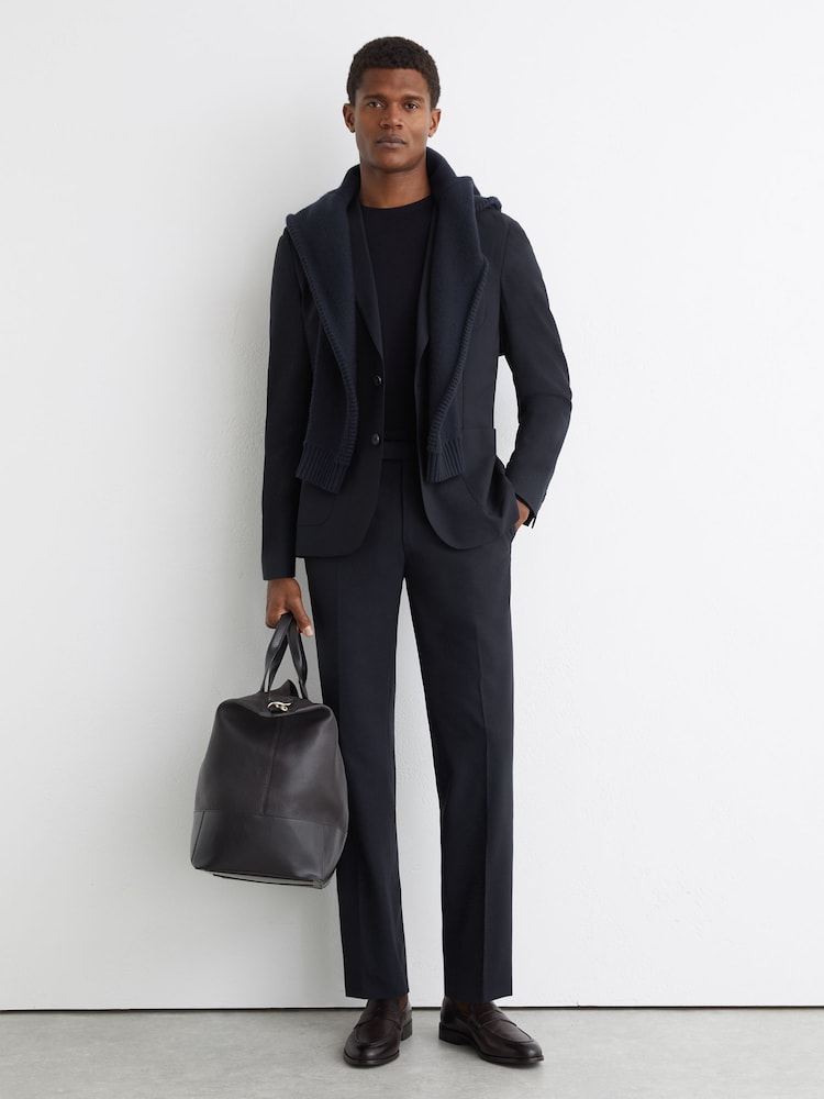 Reiss Navy Traveller Wool Tailored-Fit Travel Suit Trousers - Image 1 of 6 Reiss Navy Traveller Wool Tailored-Fit Travel Suit Trousers - Image 1 of 6