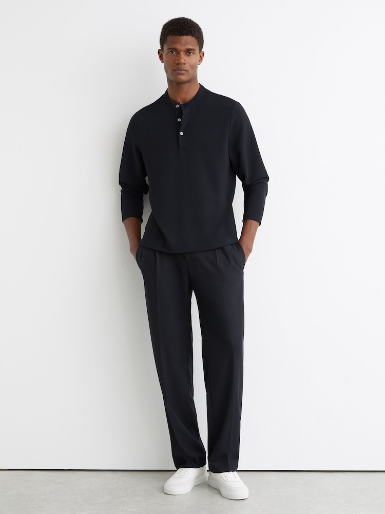 Reiss Navy Salvator Textured Long-Sleeve Henley Shirt - Image 1 of 6