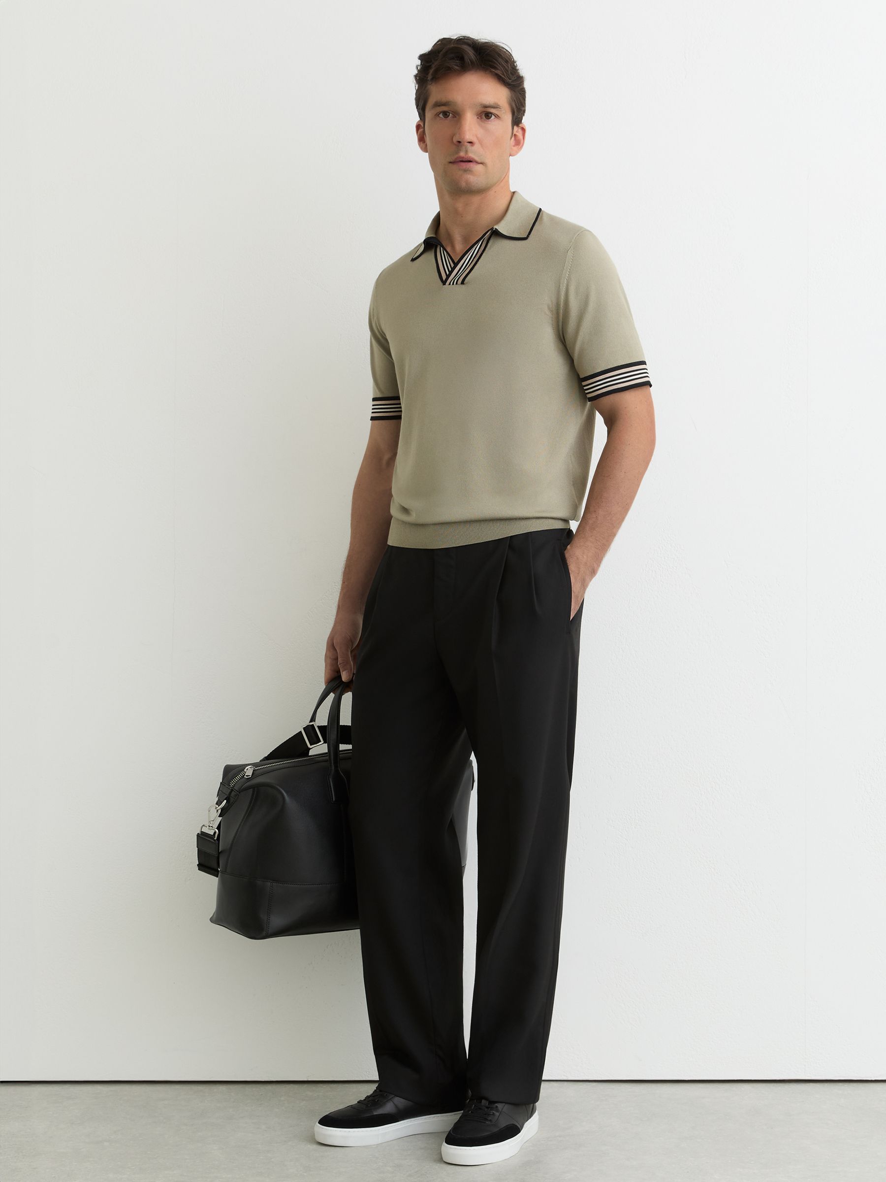 Buy Reiss Sage Green Poole Tipped Open-Collar Knitted Polo Shirt