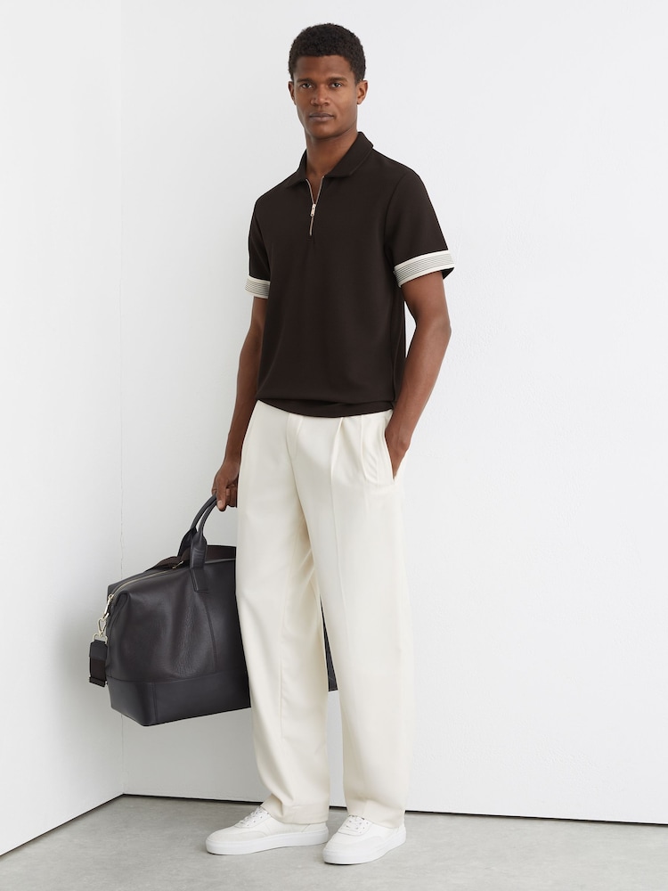 Reiss Chocolate Brown Bruno Sleeve-Trim Half-Zip Polo Shirts - Image 1 of 6