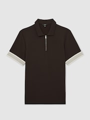 Reiss Chocolate Brown Bruno Sleeve-Trim Half-Zip Polo Shirts - Image 2 of 6