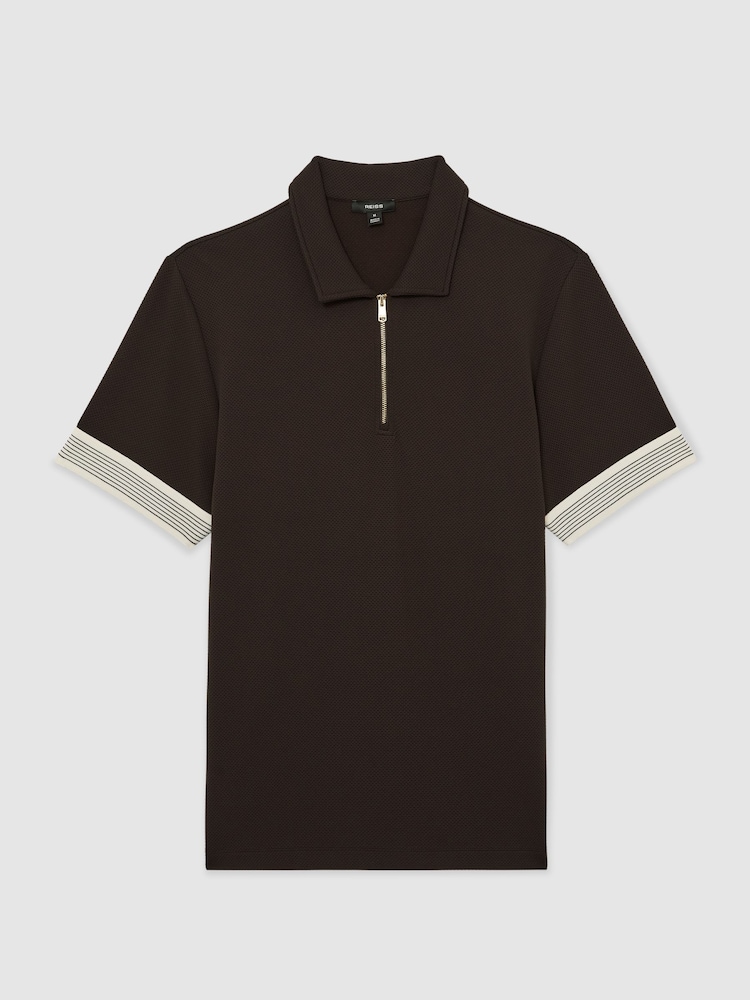Reiss Chocolate Brown Bruno Sleeve-Trim Half-Zip Polo Shirts - Image 2 of 6
