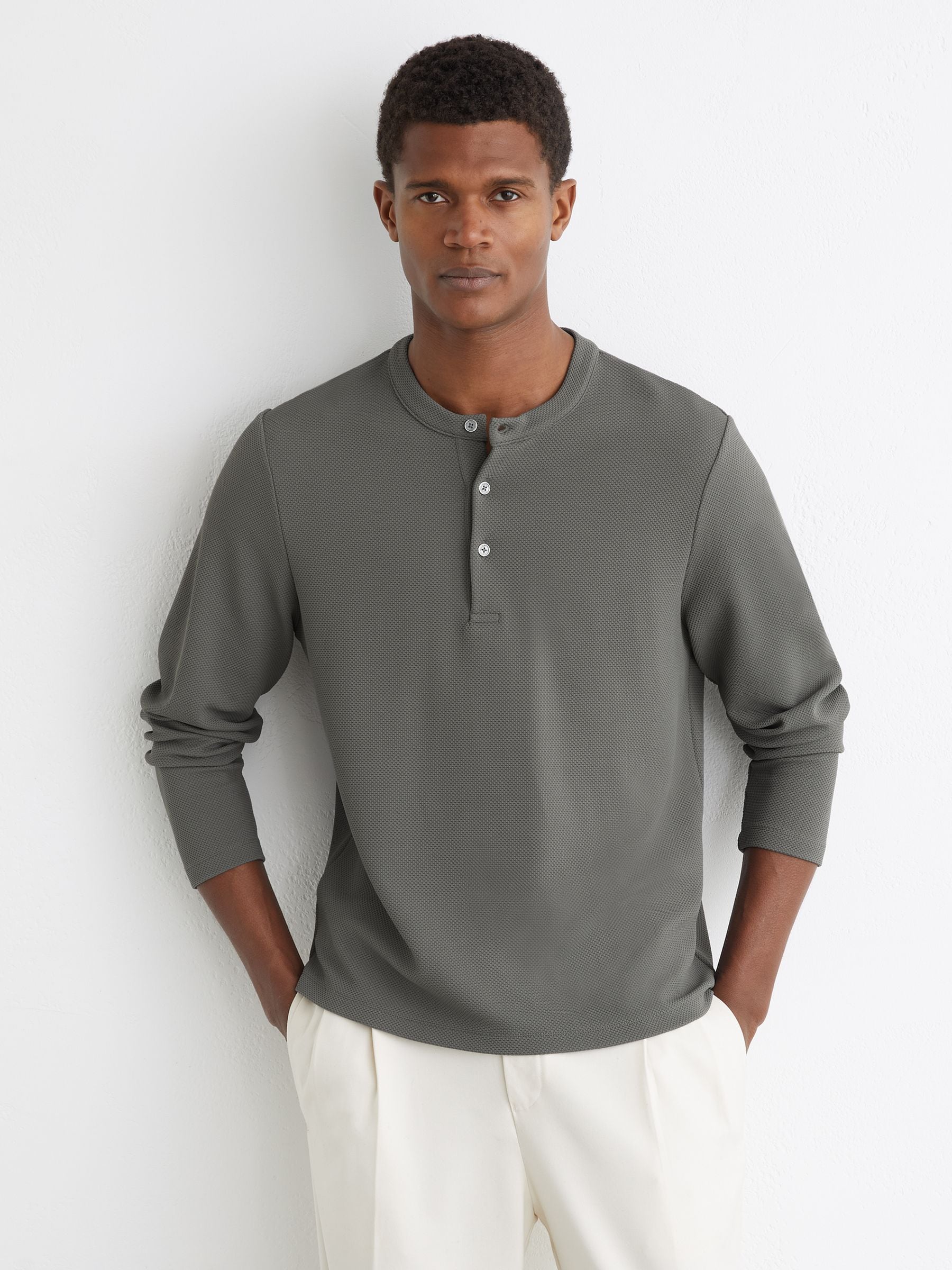 Buy Reiss Sage Green Salvator Textured Long-Sleeve Henley Shirt
