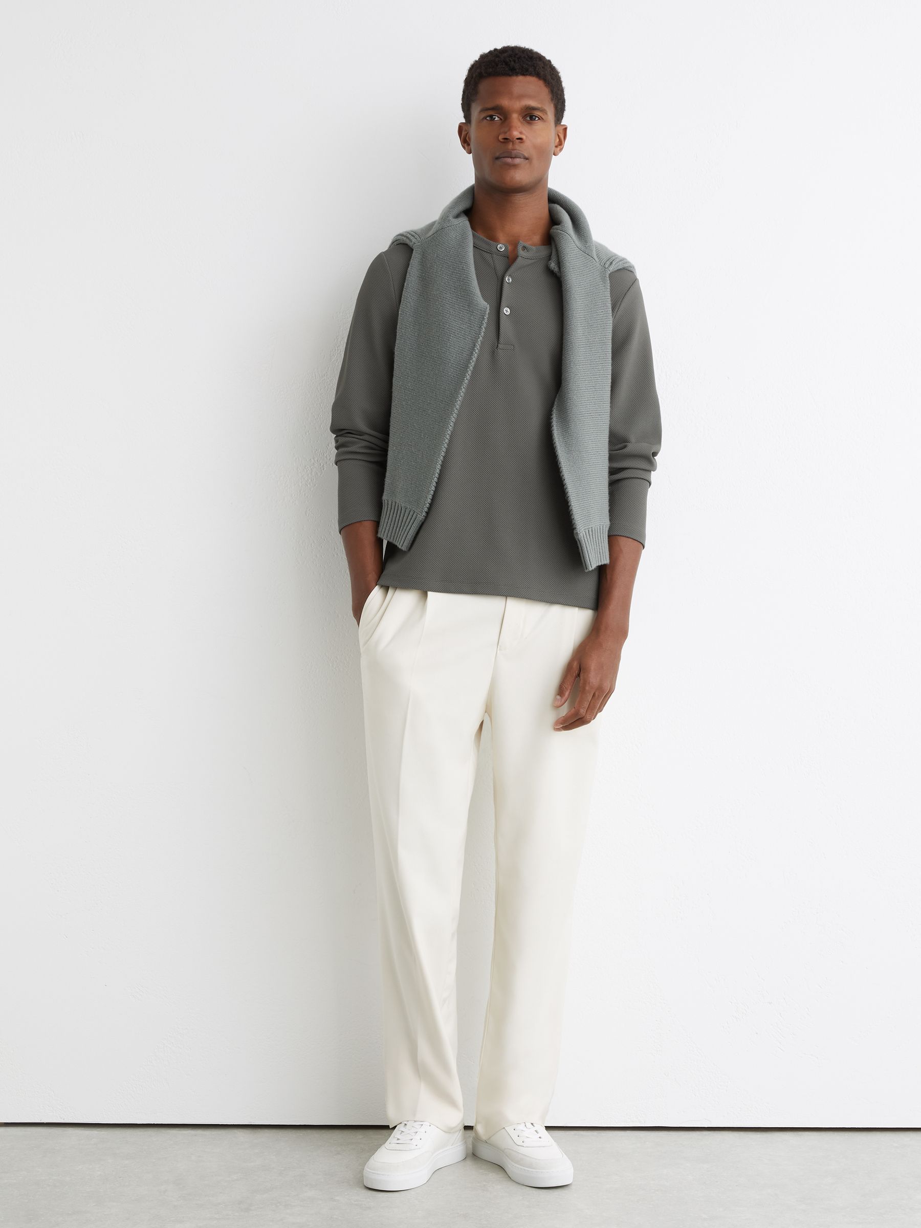 Buy Reiss Sage Green Salvator Textured Long-Sleeve Henley Shirt