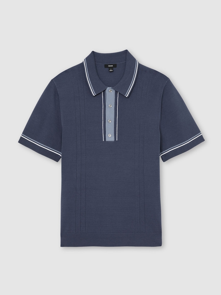 Reiss Navy Rothwell Tipped Half-Button Knitted Polo Shirt - Image 2 of 6