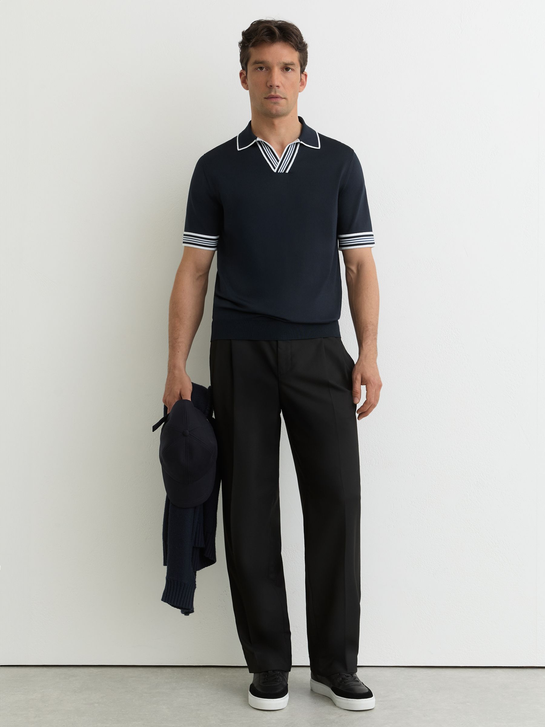 Buy Reiss Navy Poole Tipped Open-Collar Knitted Polo Shirt from