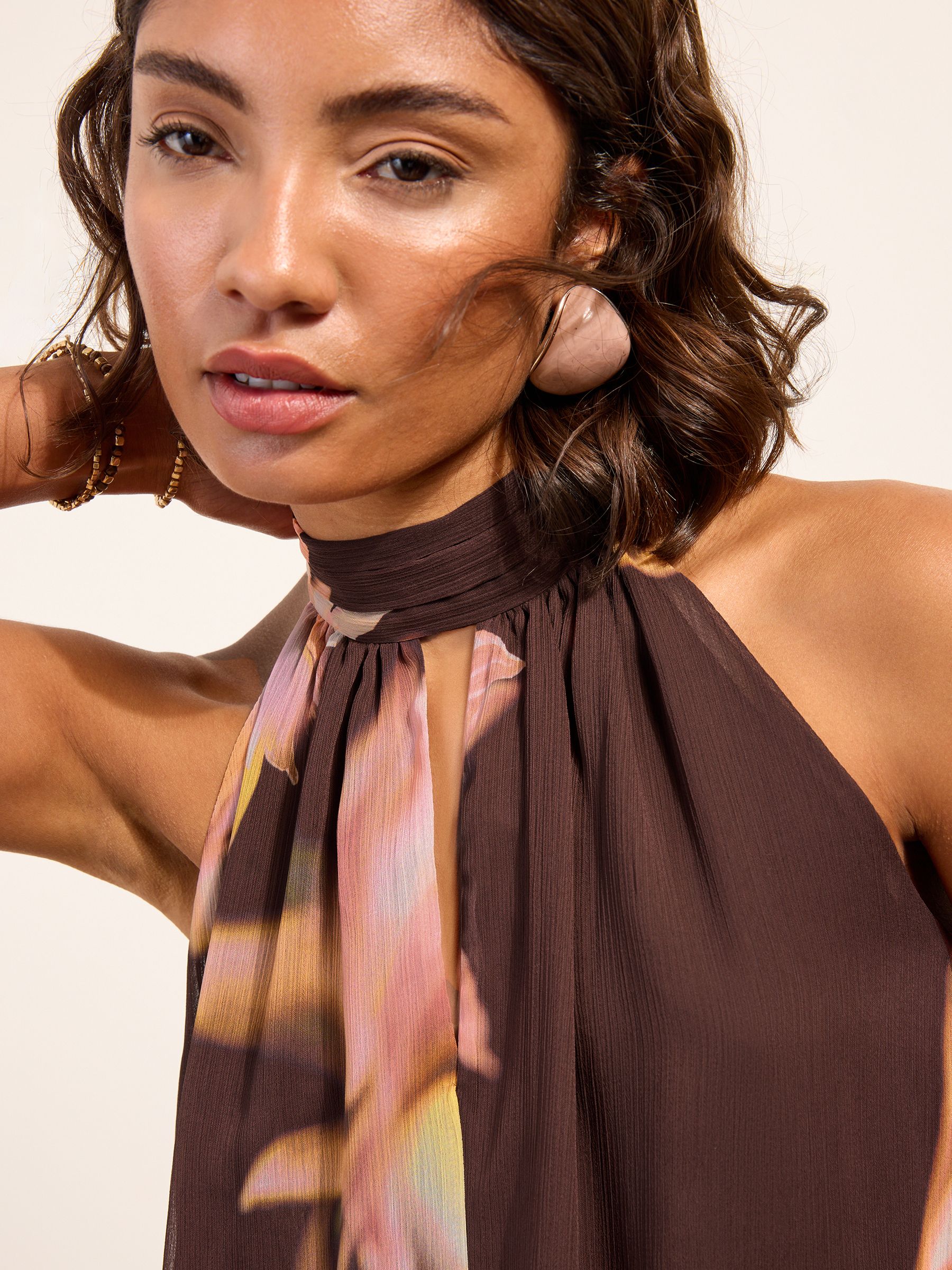 トップス KnuthMarf plaid halter neck blouse/brown Buy Friends Like These Chocolate Brown Print Chiffon Halter Neck