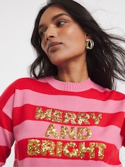 Simply Be Pink Merry & Bright Stripe Knitted Christmas Jumper - Image 1 of 4