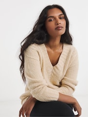 Simply Be Natural V-Neck Boucle Cable Knit Longline Tunic - Image 1 of 4