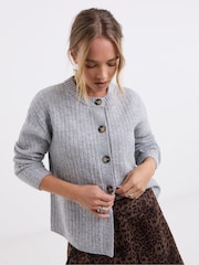 Simply Be Grey Crew Neck Knitted Ribbed Cardigan - Image 1 of 4