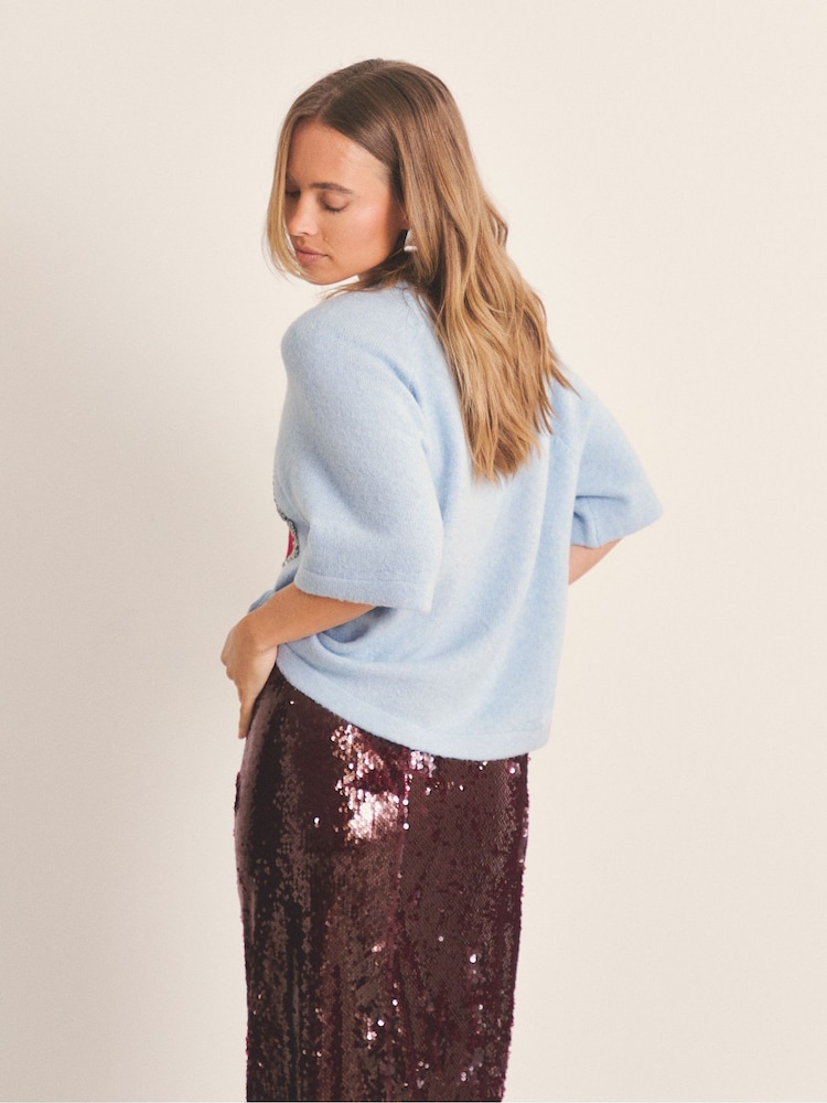 Simply Be Blue Party Season Short Sleeve Knitted Christmas Jumper - Image 2 of 4