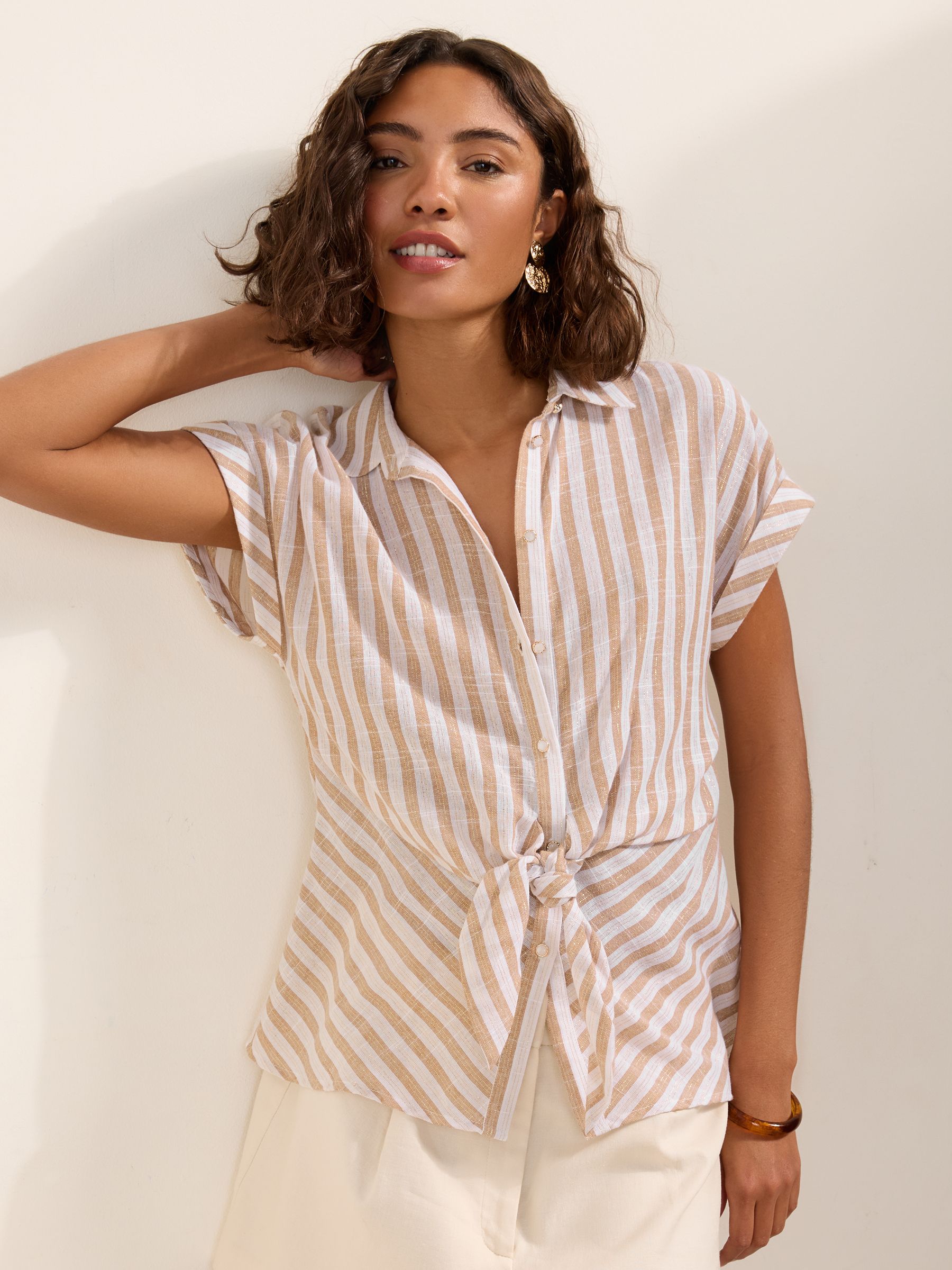Buy Friends Like These Neutral Stripe Tie Front Short Sleeve