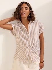 Friends Like These Neutral Stripe Tie Front Short Sleeve Blouse - Image 1 of 5