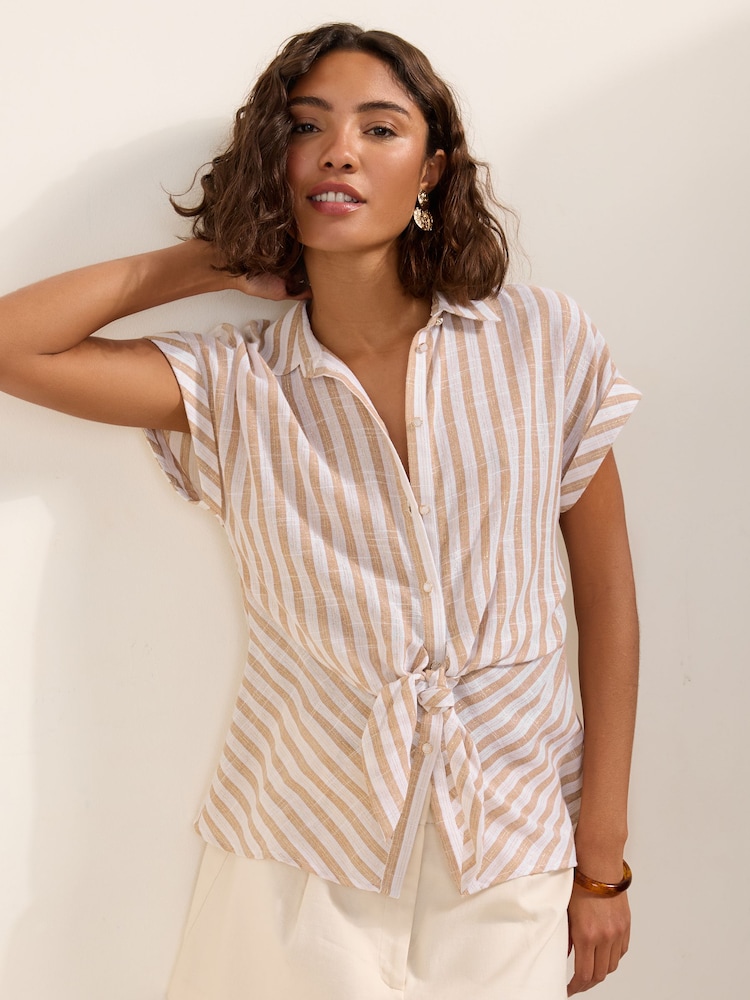 Friends Like These Neutral Stripe Tie Front Short Sleeve Blouse - Image 1 of 5 Friends Like These Neutral Stripe Tie Front Short Sleeve Blouse - Image 1 of 5