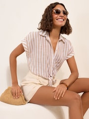 Friends Like These Neutral Stripe Tie Front Short Sleeve Blouse - Image 3 of 5