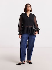 Simply Be Black Shirred Georgette V-Neck Blouse - Image 1 of 4