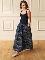 Laura Ashley Navy 2 in 1 Scalloped Edge Polka Dot Midi Dress - Image 1 of 3