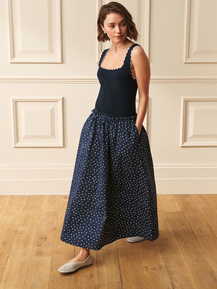 Laura Ashley Navy 2 in 1 Scalloped Edge Polka Dot Midi Dress - Image 1 of 3