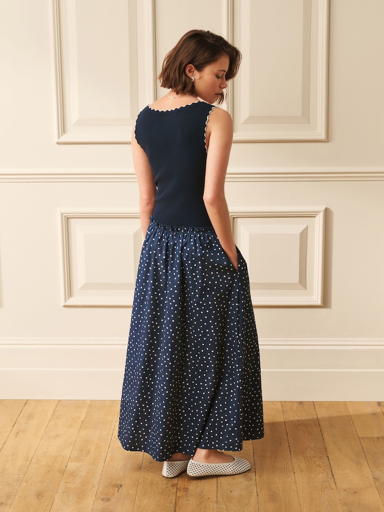 Laura Ashley Navy 2 in 1 Scalloped Edge Polka Dot Midi Dress - Image 2 of 3