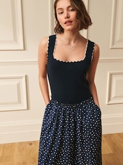 Laura Ashley Navy 2 in 1 Scalloped Edge Polka Dot Midi Dress - Image 3 of 3