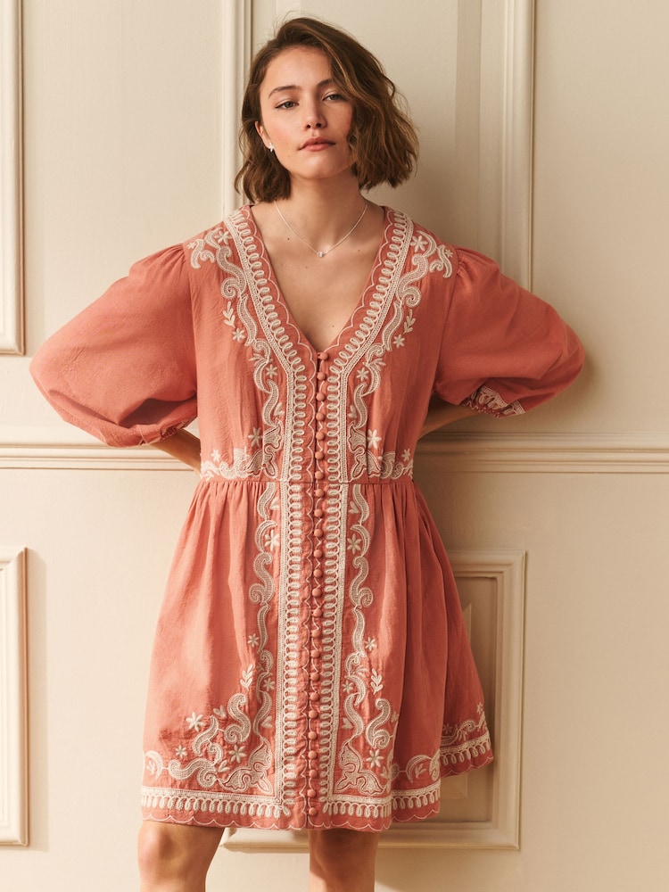 Laura Ashley Peach Pink Embroidered Cotton Mini Dress - Image 1 of 10 Laura Ashley Peach Pink Embroidered Cotton Mini Dress - Image 1 of 10