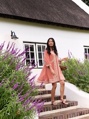 Laura Ashley Peach Pink Embroidered Cotton Mini Dress - Image 2 of 10