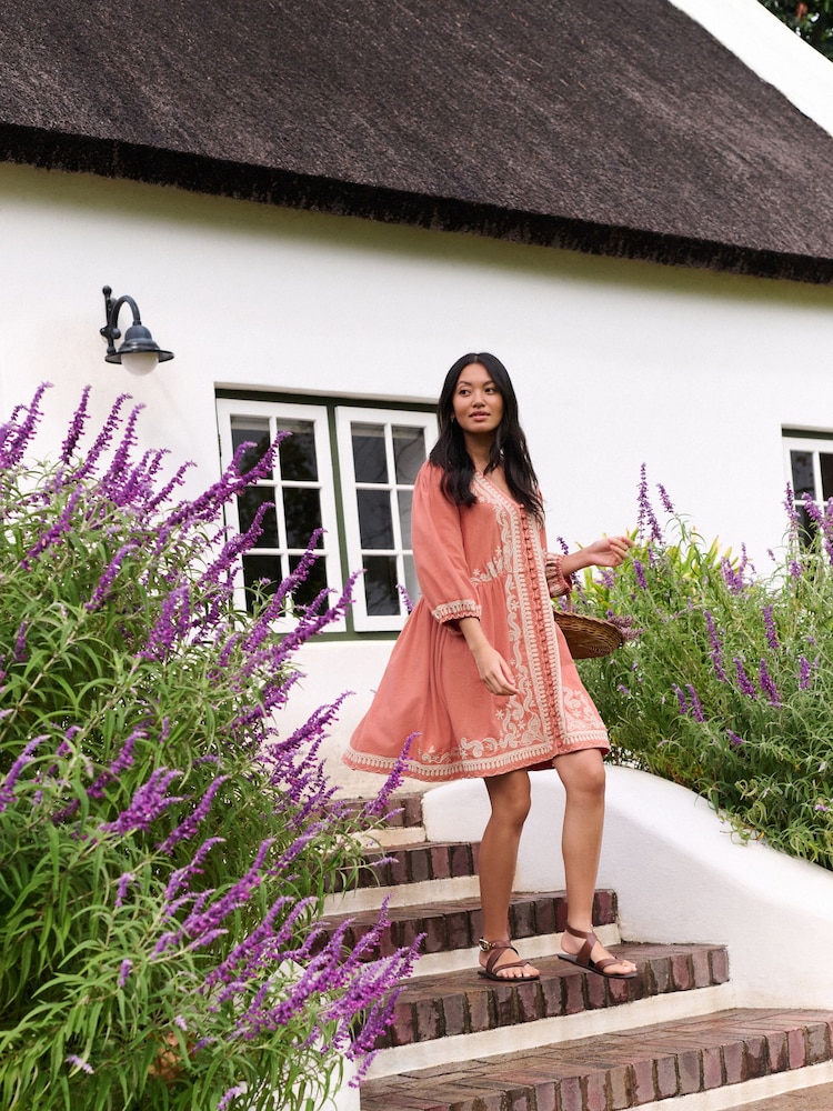 Laura Ashley Peach Pink Embroidered Cotton Mini Dress - Image 2 of 10 Laura Ashley Peach Pink Embroidered Cotton Mini Dress - Image 2 of 10