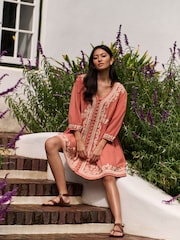 Laura Ashley Peach Pink Embroidered Cotton Mini Dress - Image 3 of 10