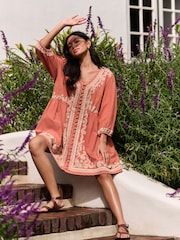 Laura Ashley Peach Pink Embroidered Cotton Mini Dress - Image 4 of 10