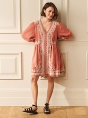Laura Ashley Peach Pink Embroidered Cotton Mini Dress - Image 5 of 10