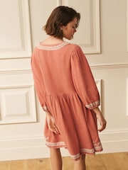 Laura Ashley Peach Pink Embroidered Cotton Mini Dress - Image 7 of 10