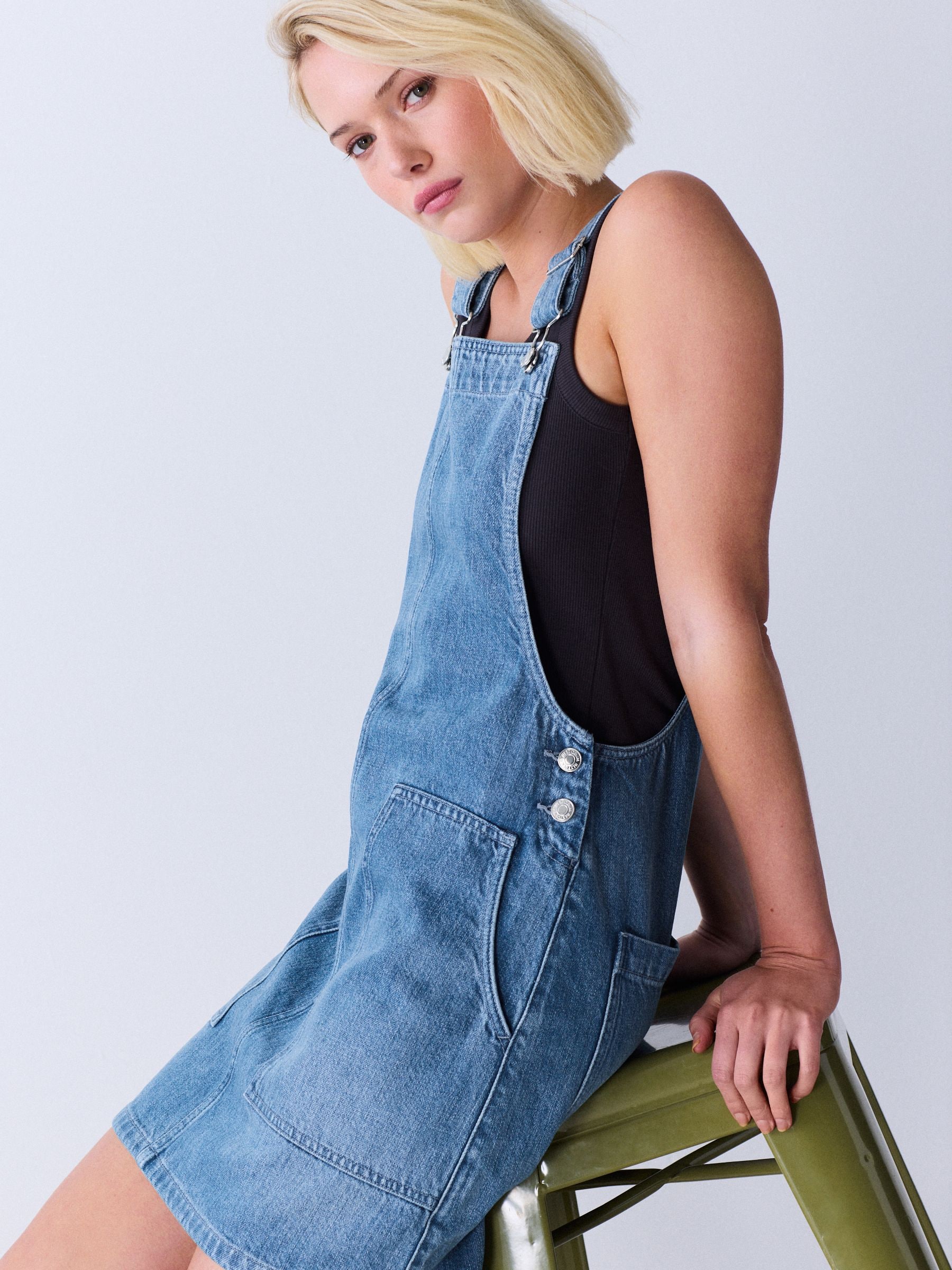 Buy Mid Blue Denim Dungaree Mini Dress from Next USA