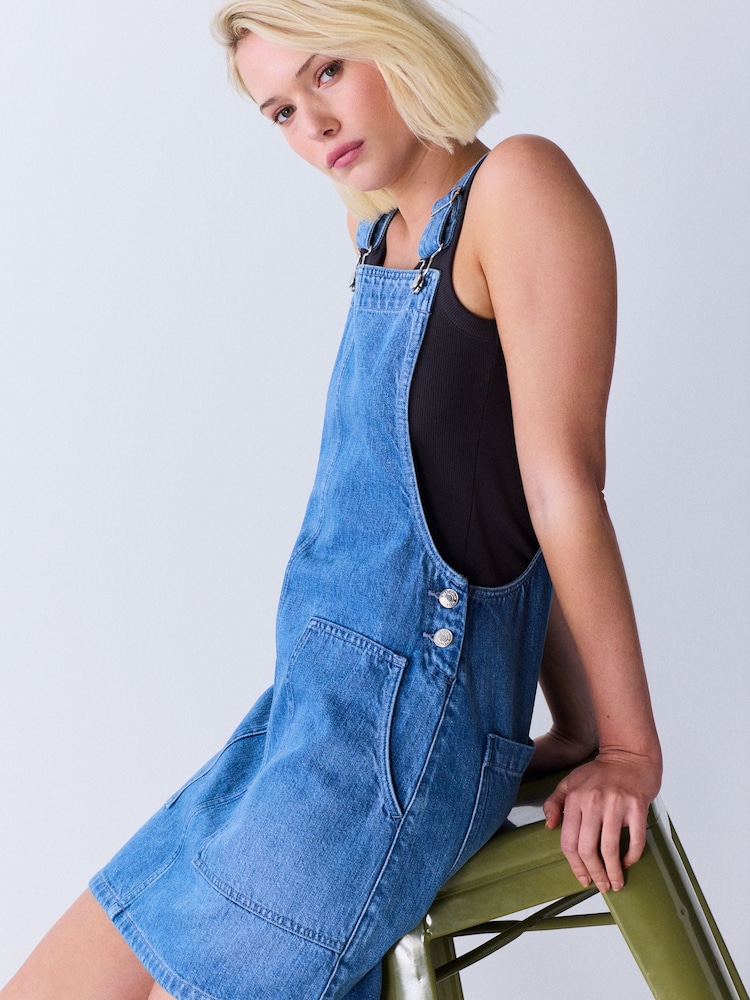 Mid Blue Denim Dungaree Mini Dress - Image 1 of 8