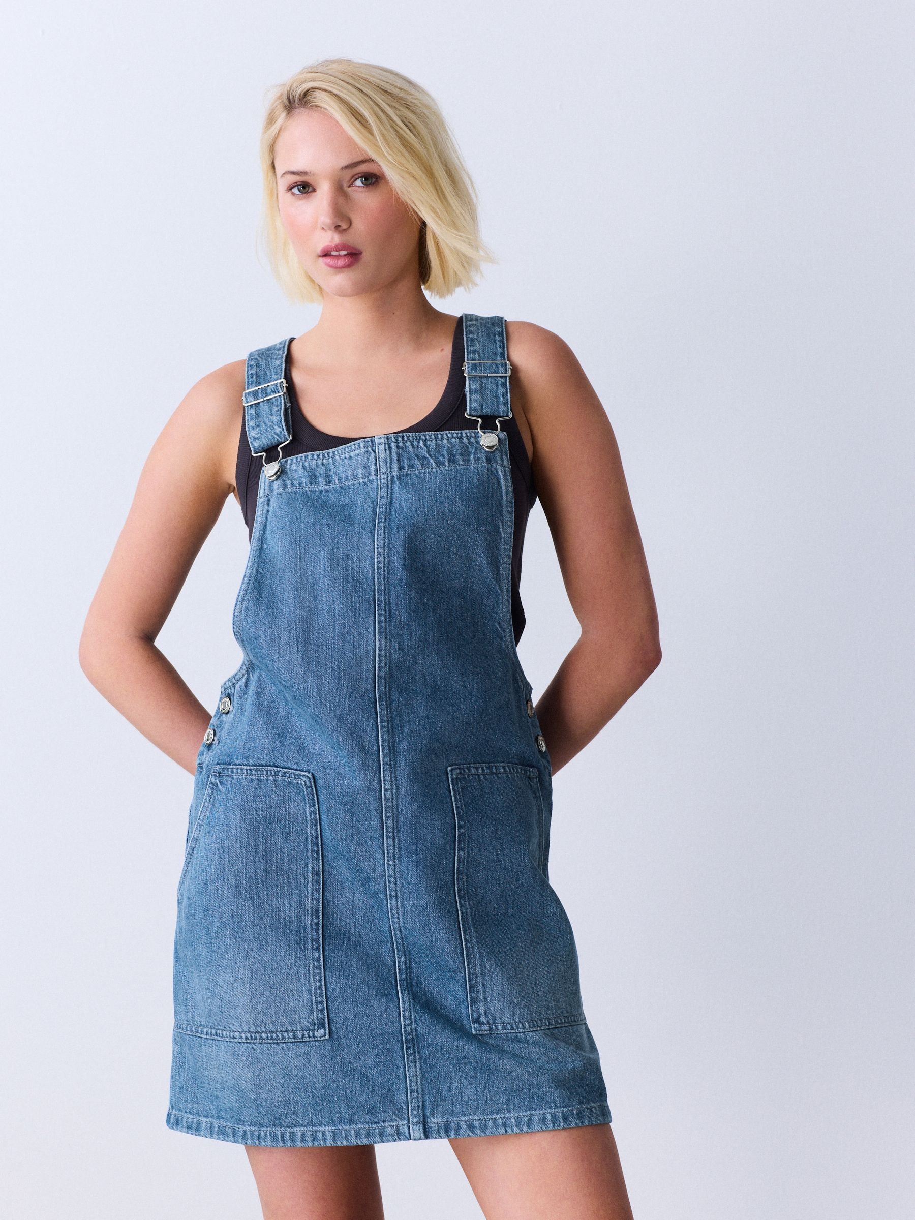 Buy Mid Blue Denim Dungaree Mini Dress from Next USA