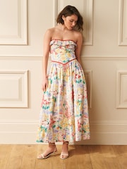 Laura Ashley Multi Cotton Everingham Meadow Bardot Corset Midi Dress - Image 1 of 5
