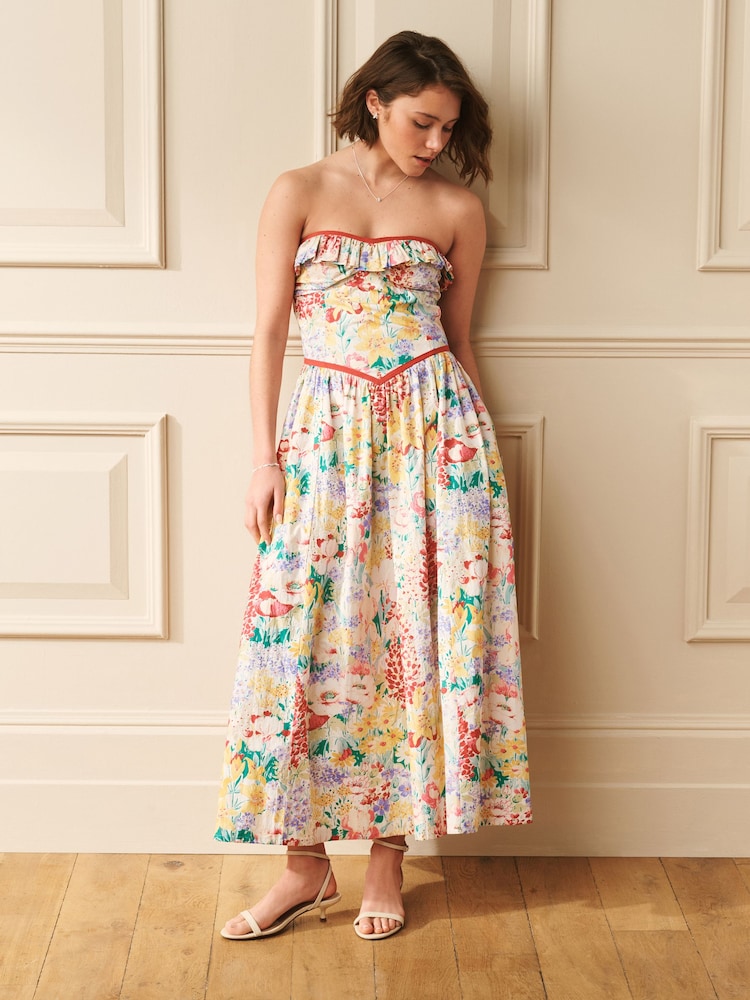 Laura Ashley Multi Cotton Everingham Meadow Bardot Corset Midi Dress - Image 1 of 5