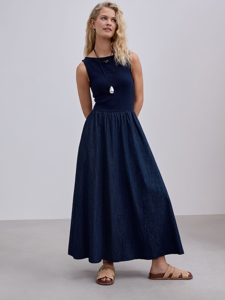 Rinse Blue Jersey Denim Mix Sleeveless Maxi Dress - Image 1 of 9 Rinse Blue Jersey Denim Mix Sleeveless Maxi Dress - Image 1 of 9