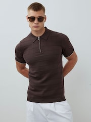 River Island Brown Short Sleeve Grid Texture Muscle Fit Polo Shirt - Image 1 of 4