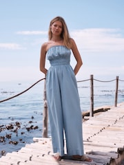 Dark Blue Bandeau Shirred Denim Jumpsuit - Image 2 of 7