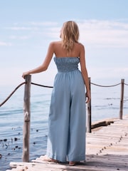 Dark Blue Bandeau Shirred Denim Jumpsuit - Image 3 of 7