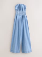 Dark Blue Bandeau Shirred Denim Jumpsuit - Image 5 of 7