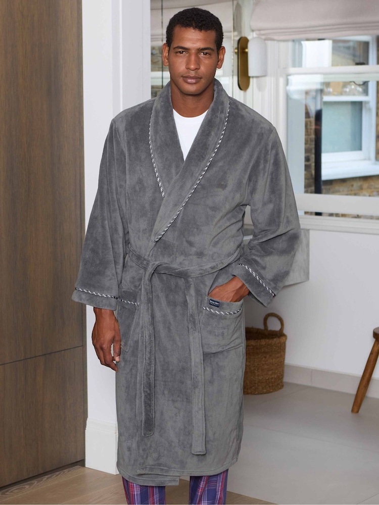 Savile Row Company Grey Lightweight Soft Fleece Rope Edge Dressing Gown - Image 1 of 5 Savile Row Company Grey Lightweight Soft Fleece Rope Edge Dressing Gown - Image 1 of 5