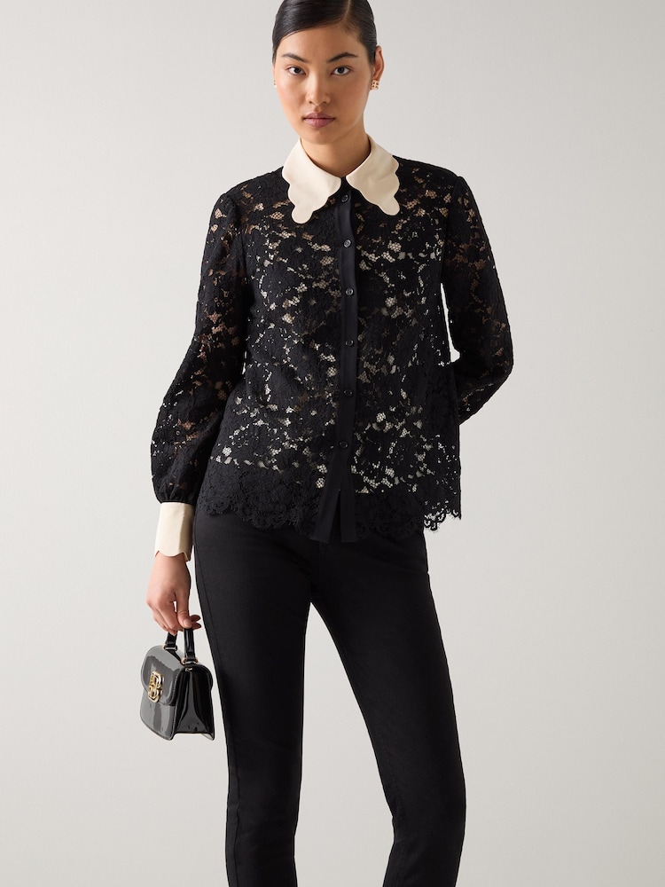 LK Bennett Black Yvette Cream Lace Blouse - Image 1 of 4 LK Bennett Black Yvette Cream Lace Blouse - Image 1 of 4