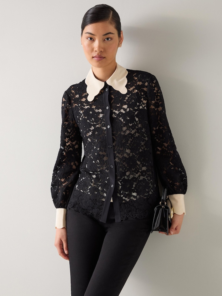 LK Bennett Black Yvette Cream Lace Blouse - Image 2 of 4 LK Bennett Black Yvette Cream Lace Blouse - Image 2 of 4
