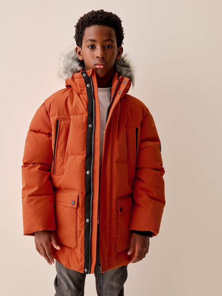 Orange Heavyweight Shower Resistant Faux Fur Trim Parka Coat (3-16yrs) - Image 1 of 15