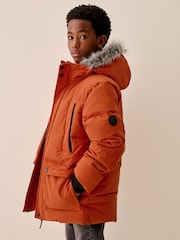 Orange Heavyweight Shower Resistant Faux Fur Trim Parka Coat (3-16yrs) - Image 3 of 15