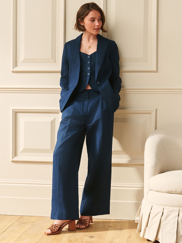 Laura Ashley Navy Linen Wide Leg Trousers - Image 2 of 5
