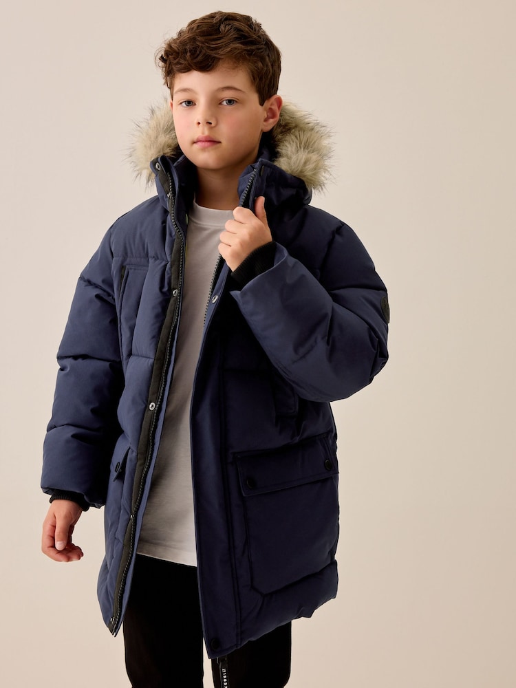 Navy Heavyweight Shower Resistant Faux Fur Trim Parka Coat (3-16yrs) - Image 1 of 17 Navy Heavyweight Shower Resistant Faux Fur Trim Parka Coat (3-16yrs) - Image 1 of 17