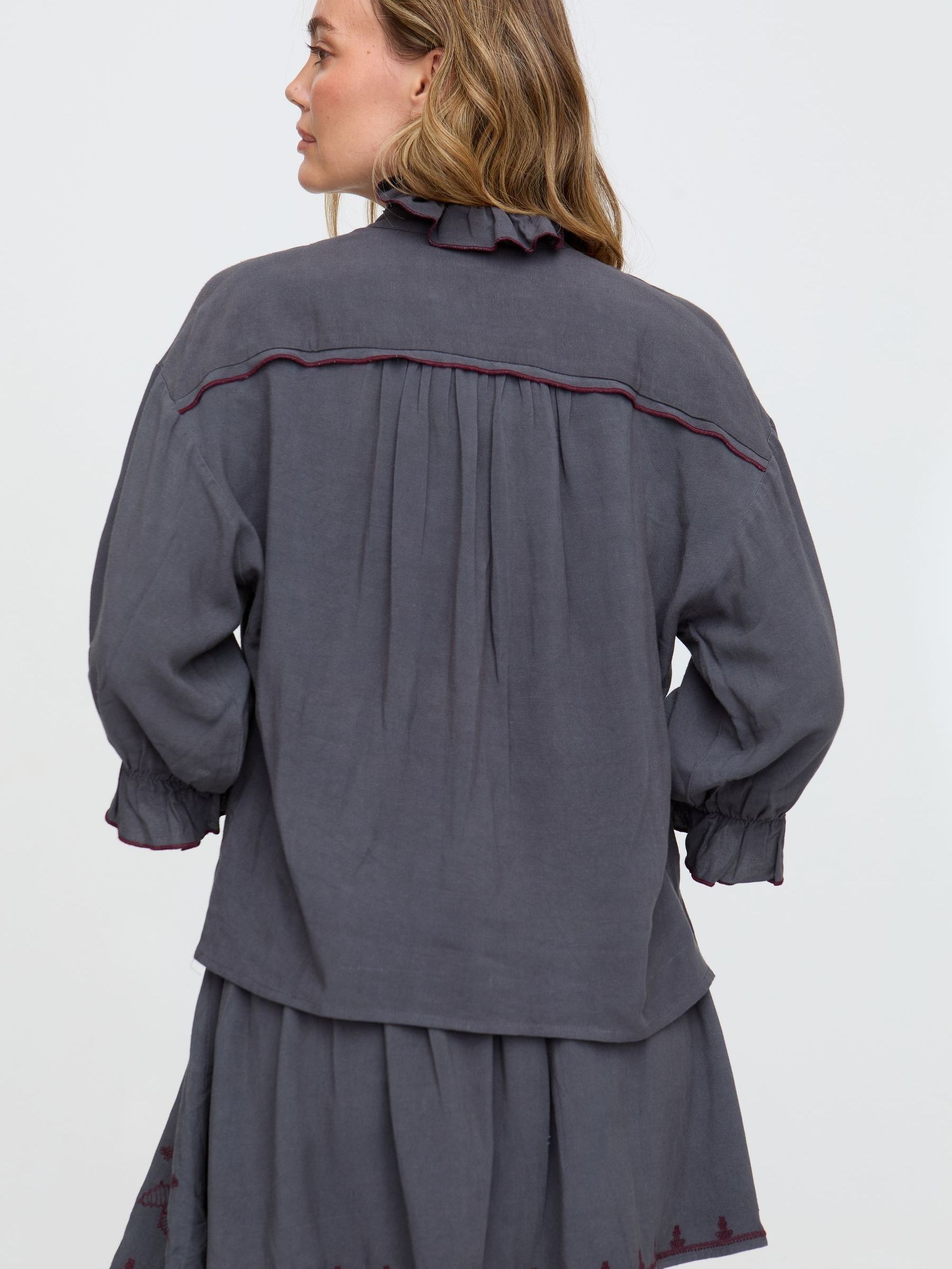 Buy Raffya Grey Julie Ruffle Neck Embroidered Shirt from Next Belgium